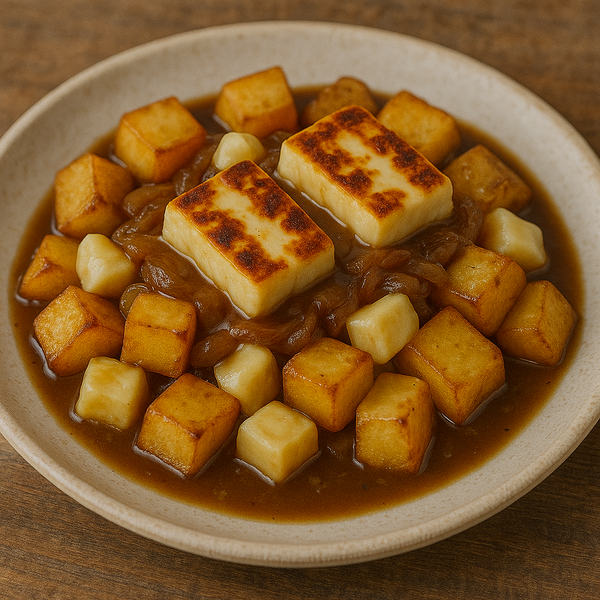 Poutine au fromage halloumi grillé et oignons confits