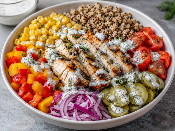 Bol fraîcheur au poulet grillé, vinaigrette à l'aneth