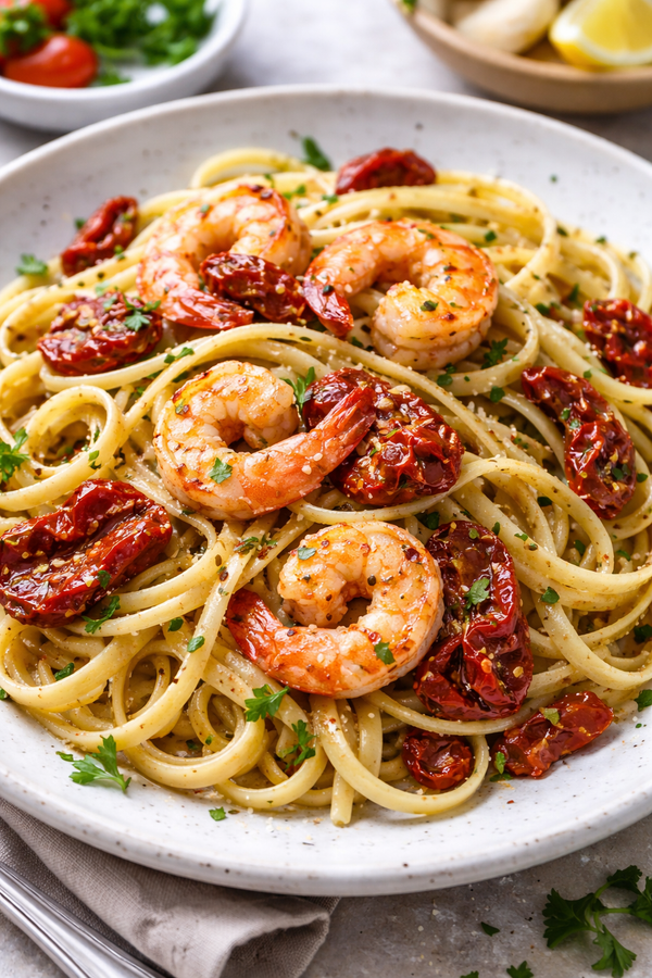 Linguine aux crevettes à l'ail et tomates confites