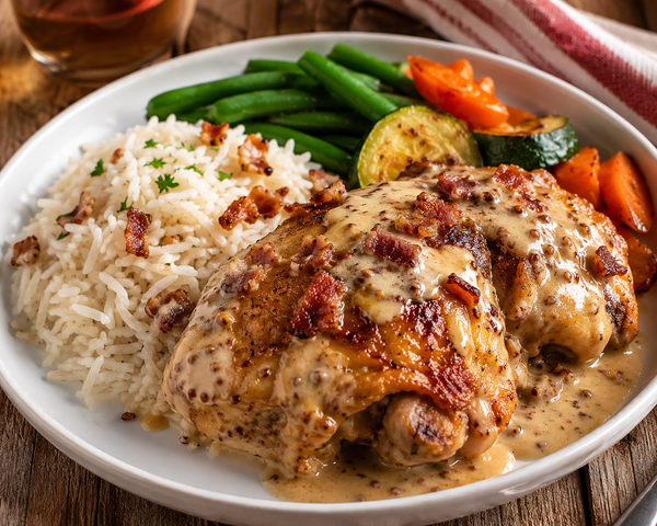 Hauts de cuisses de poulet, sauce moutarde et bacon