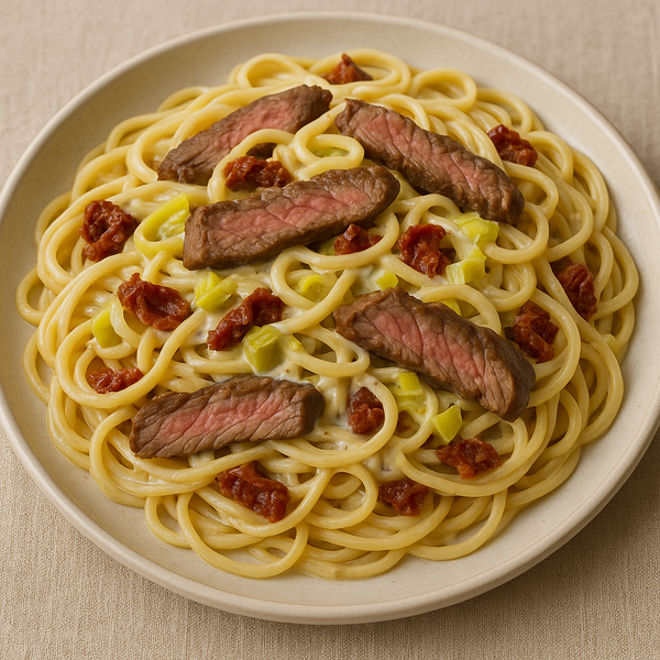 Linguine à la bavette de boeuf marinée, sauce au raifort