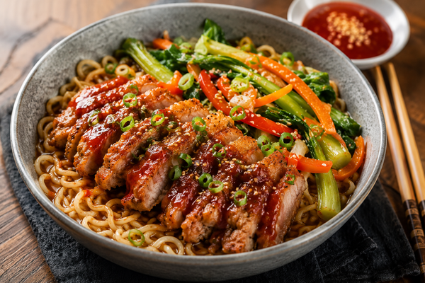 Nouilles ramen au porc croustillant, sauce au chili doux