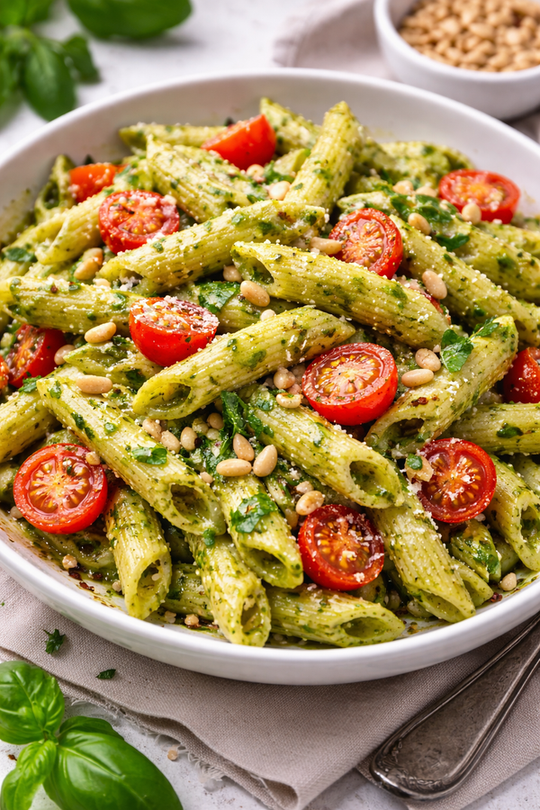 Penne au pesto, noix de pin, tomates cerises et parmesan