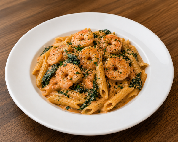 Penne aux crevettes, sauce rosée aux épinards