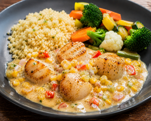 Sauté de pétoncles, sauce crémeuse au maïs