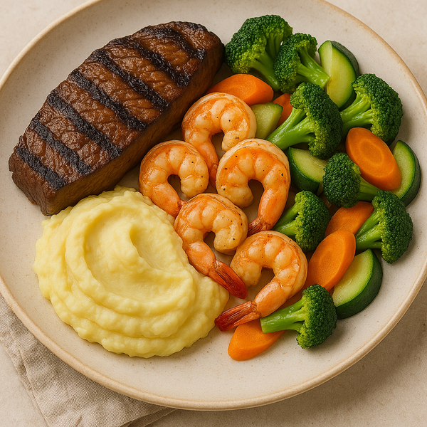 Surf 'n turf bavette de boeuf et crevettes, sauce au poivre