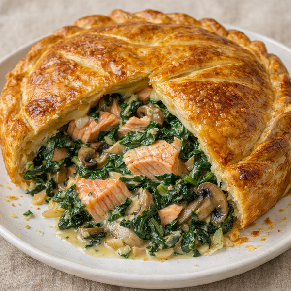 Pâté au saumon, épinards et champignons